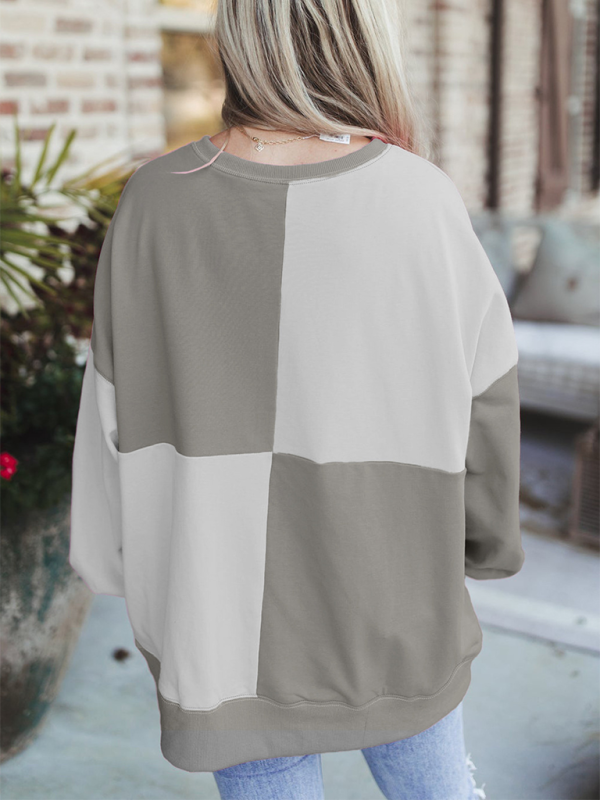 Sweat-shirt décontracté patchwork à blocs de couleur et boutons sur le devant, col à revers longs 