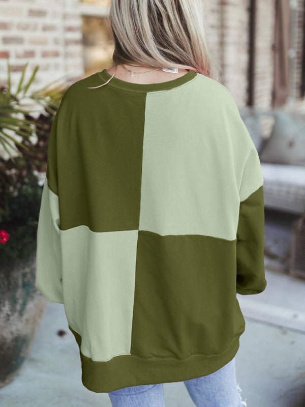 Sweat-shirt décontracté patchwork à blocs de couleur et boutons sur le devant, col à revers longs 