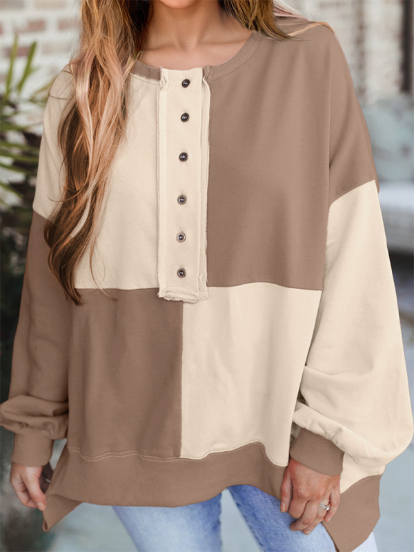 Sweat-shirt décontracté patchwork à blocs de couleur et boutons sur le devant, col à revers longs 