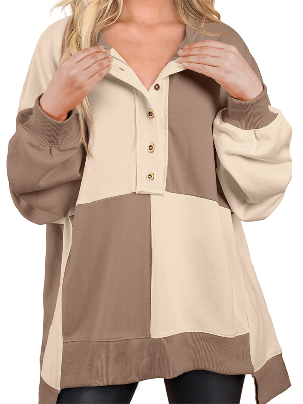 Sweat-shirt décontracté patchwork à blocs de couleur et boutons sur le devant, col à revers longs 