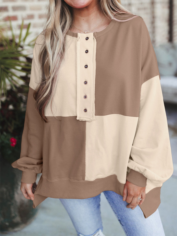 Sweat-shirt décontracté patchwork à blocs de couleur et boutons sur le devant, col à revers longs 