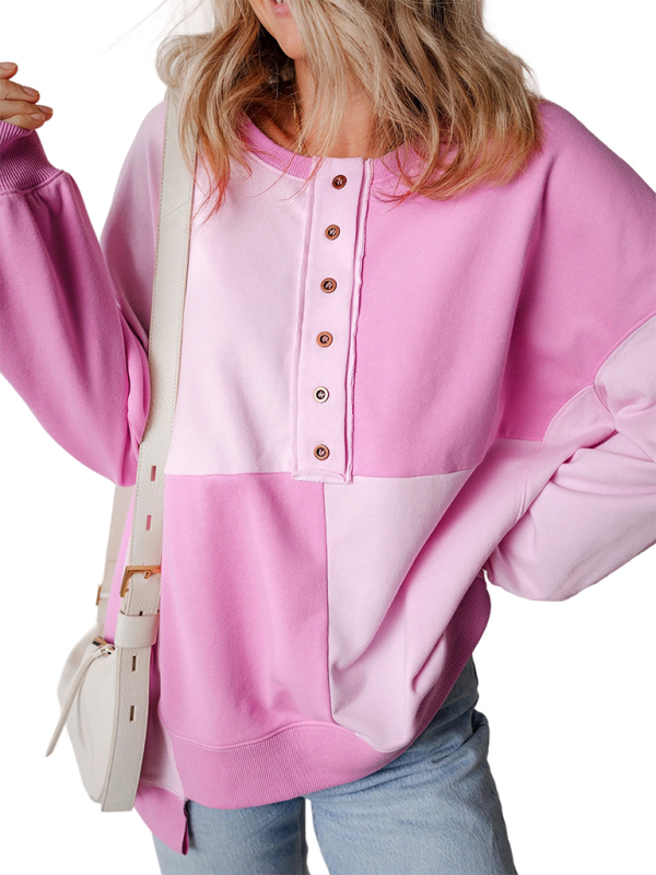Sweat-shirt décontracté patchwork à blocs de couleur et boutons sur le devant, col à revers longs 