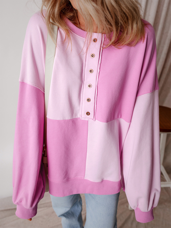 Sweat-shirt décontracté patchwork à blocs de couleur et boutons sur le devant, col à revers longs 