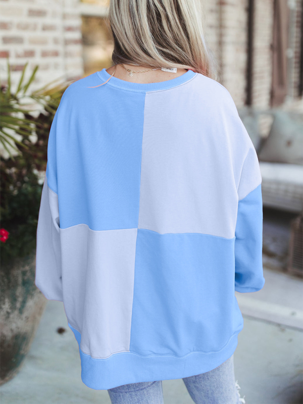 Sweat-shirt décontracté patchwork à blocs de couleur et boutons sur le devant, col à revers longs 