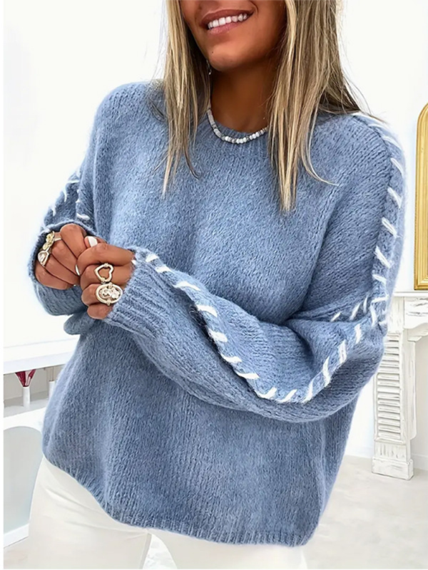 Pull-over femme uni à col rond, manches longues et cordon de serrage, coupe ample, en maille. 