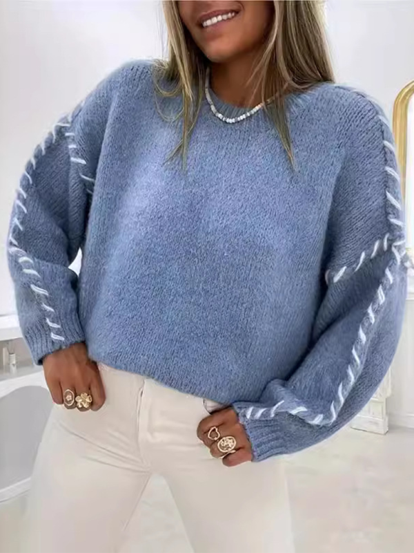 Pull-over femme uni à col rond, manches longues et cordon de serrage, coupe ample, en maille. 