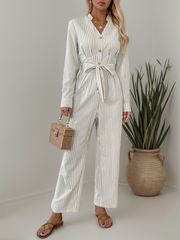Ladies new v-neck striped lace-up jumpsuit – front view