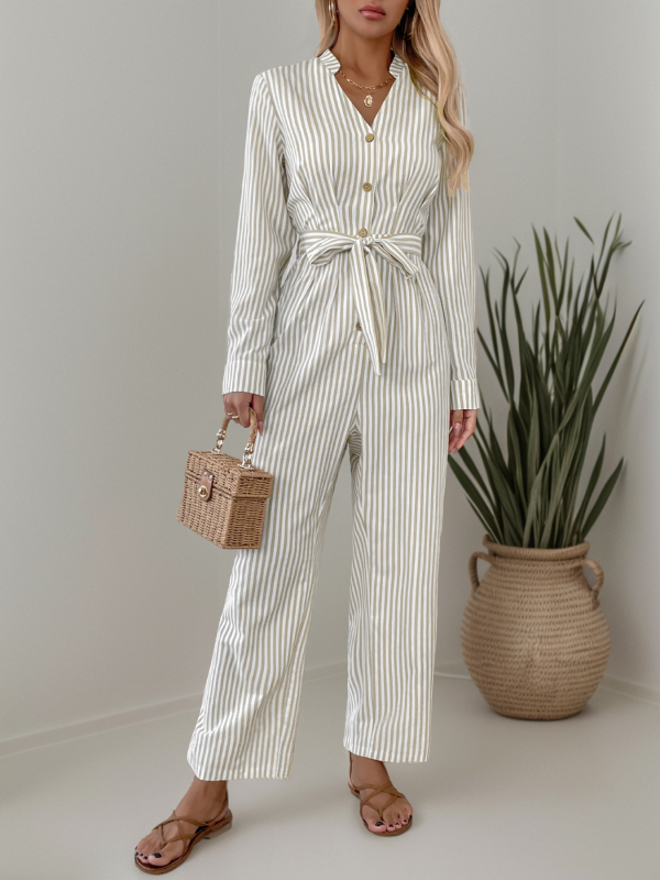 Ladies new v-neck striped lace-up jumpsuit – front view