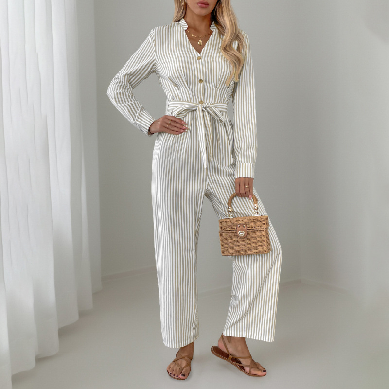 Ladies new v-neck striped lace-up jumpsuit – back view