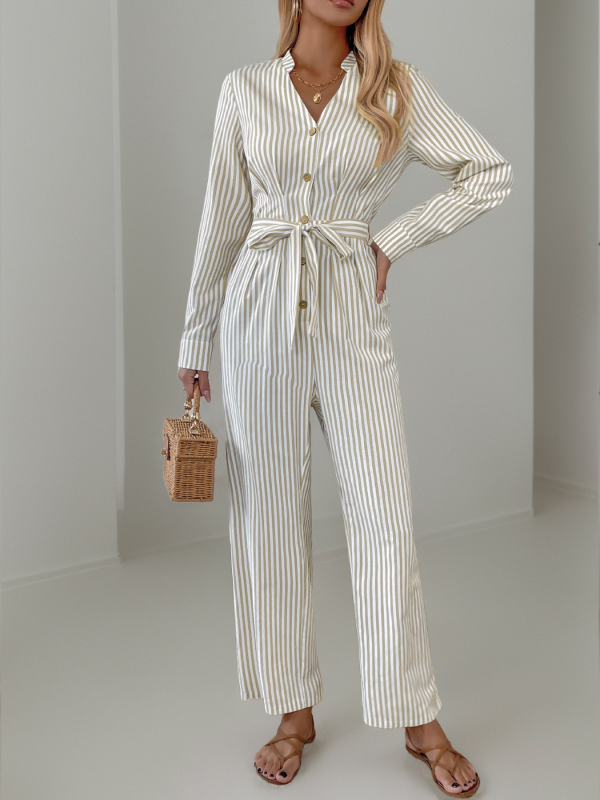 Ladies new v-neck striped lace-up jumpsuit – detail view