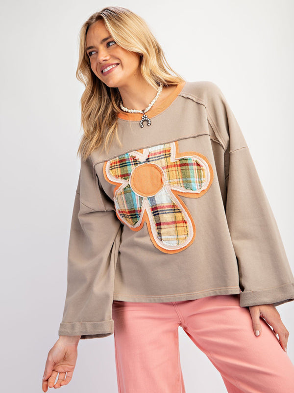 Sweat-shirt ample et décontracté à empiècements floraux colorés pour femme 