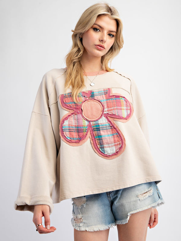 Sweat-shirt ample et décontracté à empiècements floraux colorés pour femme 