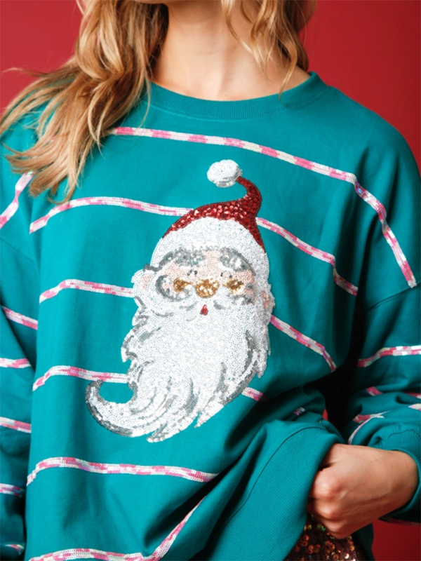 Haut décontracté à paillettes et rayures à manches longues, motif Père Noël, avec motif Père Noël. 
