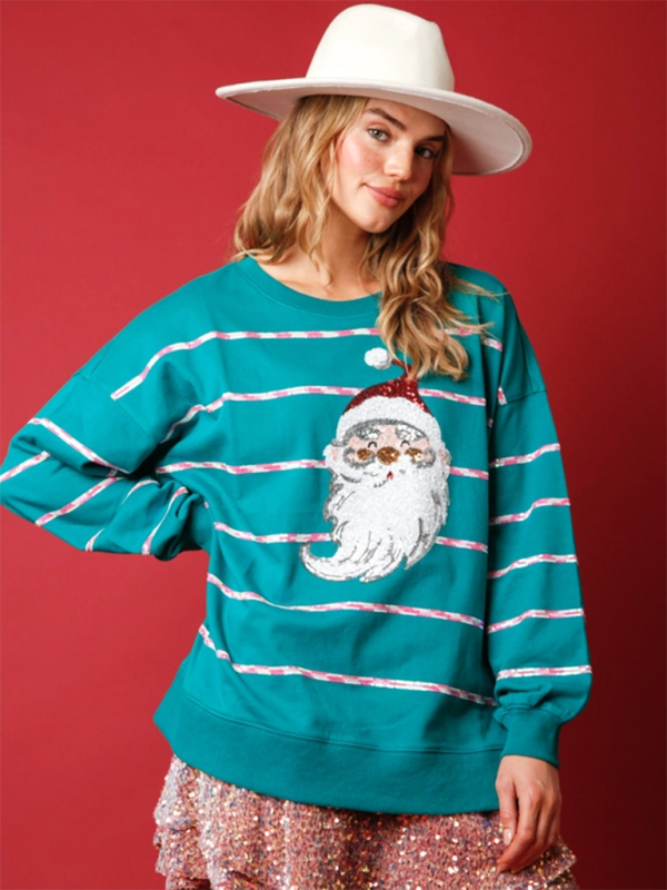 Haut décontracté à paillettes et rayures à manches longues, motif Père Noël, avec motif Père Noël. 