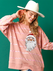 Haut décontracté à paillettes et rayures à manches longues, motif Père Noël, avec motif Père Noël. 
