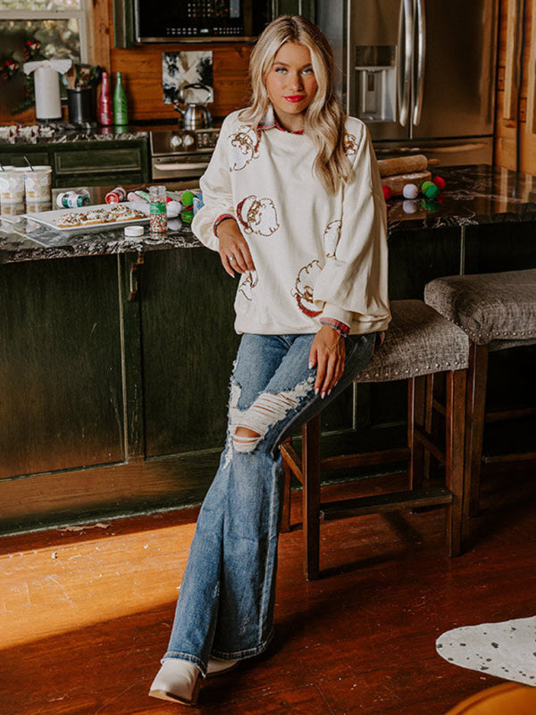 Sweat-shirt à paillettes Père Noël pour femme, style décontracté et ample 