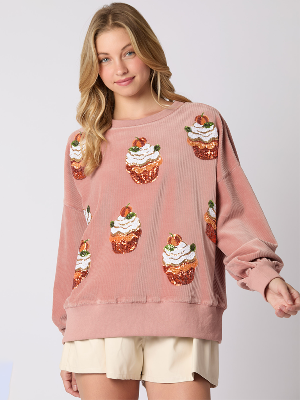 Sweat-shirt ample à sequins, col rond, gâteau de Noël citrouille 