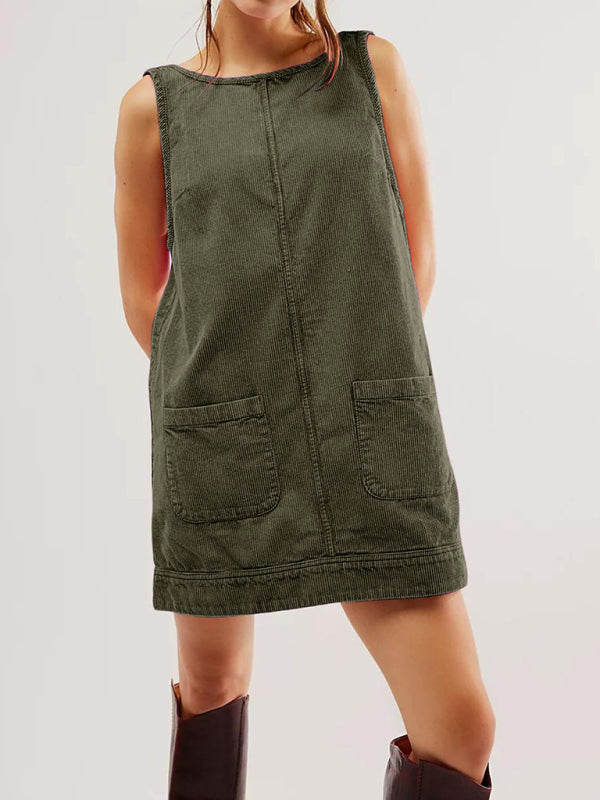 Lässiges ärmelloses Cordwesten-Vintage-Kleid 