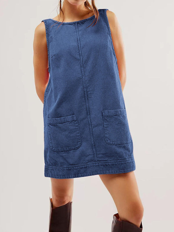 Lässiges ärmelloses Cordwesten-Vintage-Kleid 