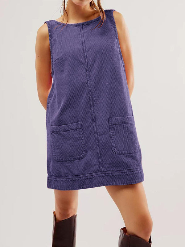 Lässiges ärmelloses Cordwesten-Vintage-Kleid 