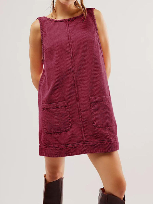 Lässiges ärmelloses Cordwesten-Vintage-Kleid 
