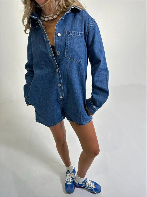 Neuer Damen-Jeans-Overall mit Reverskragen, langen Ärmeln und Shorts 