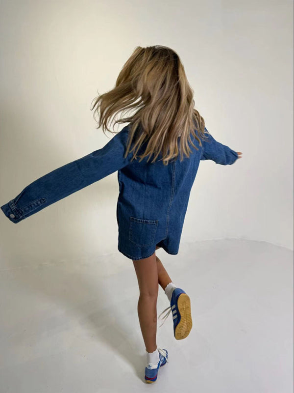 Neuer Damen-Jeans-Overall mit Reverskragen, langen Ärmeln und Shorts 
