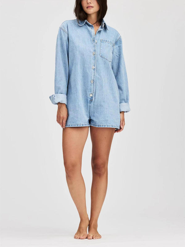 Neuer Damen-Jeans-Overall mit Reverskragen, langen Ärmeln und Shorts 