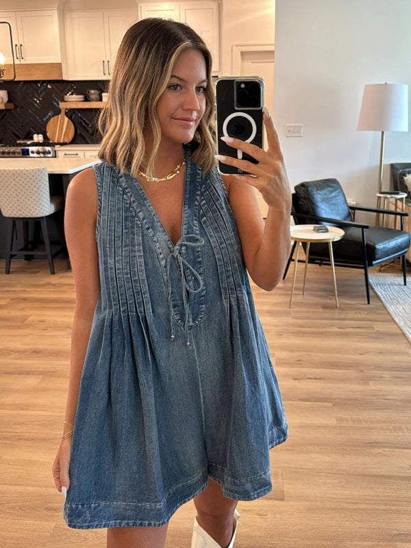 Streetwear Ärmelloser Kurzarm-Shorts-Denim-Jumpsuit 