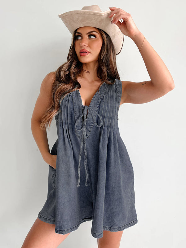 Streetwear Ärmelloser Kurzarm-Shorts-Denim-Jumpsuit 