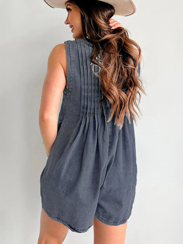Streetwear Ärmelloser Kurzarm-Shorts-Denim-Jumpsuit 