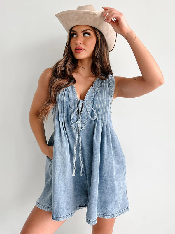 Streetwear Ärmelloser Kurzarm-Shorts-Denim-Jumpsuit 