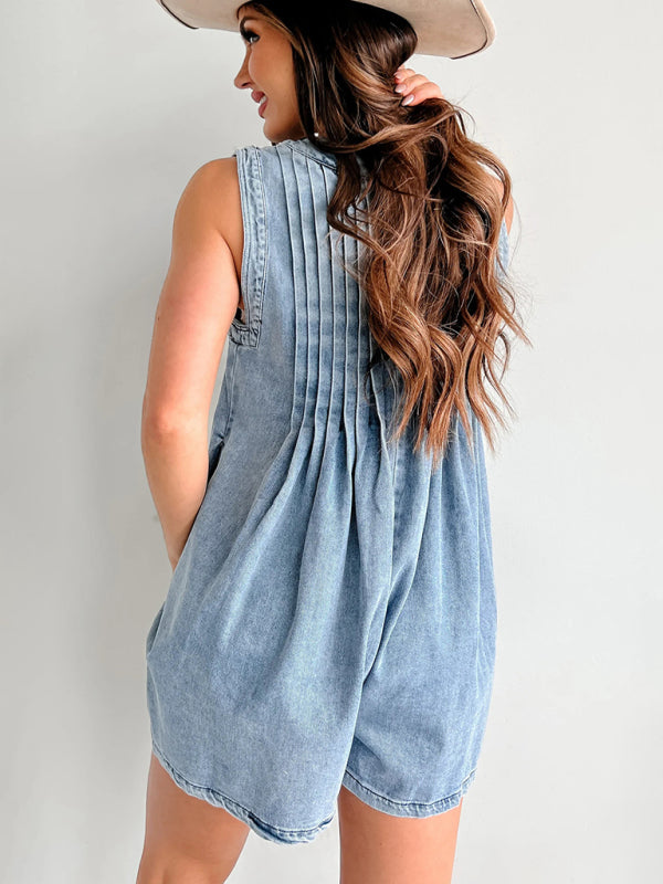 Streetwear Ärmelloser Kurzarm-Shorts-Denim-Jumpsuit 