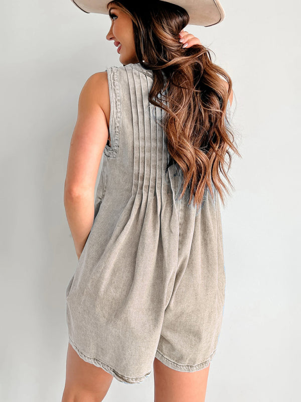Streetwear Ärmelloser Kurzarm-Shorts-Denim-Jumpsuit 