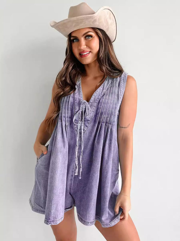 Streetwear Ärmelloser Kurzarm-Shorts-Denim-Jumpsuit 