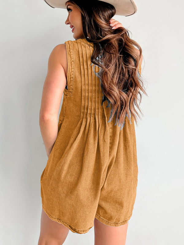 Streetwear Ärmelloser Kurzarm-Shorts-Denim-Jumpsuit 