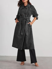Damen-Windbreaker aus Denim-Baumwolle, einfarbig, mit zwei Taschen, langen Knöpfen und lockerer Passform 