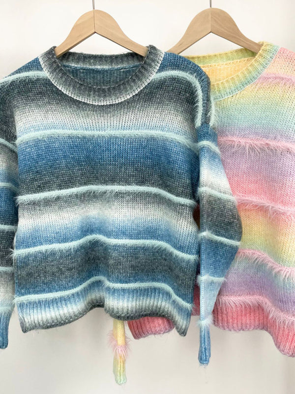 Vintage Regenbogen-Top, Farbverlauf, Kontraststreifen, Mohair-Pullover, Strickpullover 