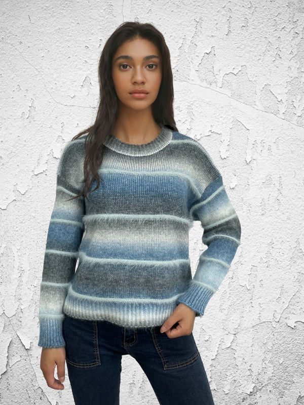 Vintage Regenbogen-Top, Farbverlauf, Kontraststreifen, Mohair-Pullover, Strickpullover 