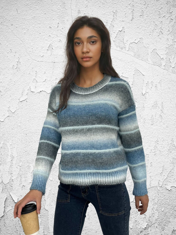 Vintage Regenbogen-Top, Farbverlauf, Kontraststreifen, Mohair-Pullover, Strickpullover 