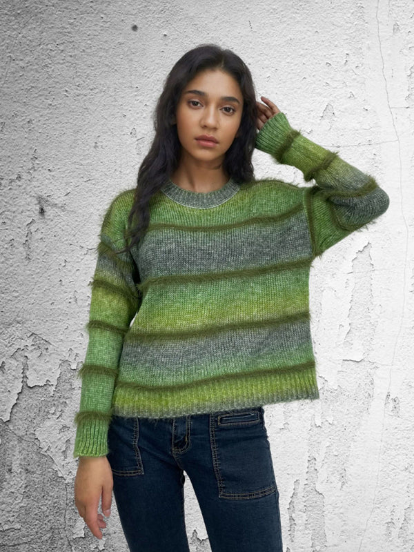 Vintage Regenbogen-Top, Farbverlauf, Kontraststreifen, Mohair-Pullover, Strickpullover 