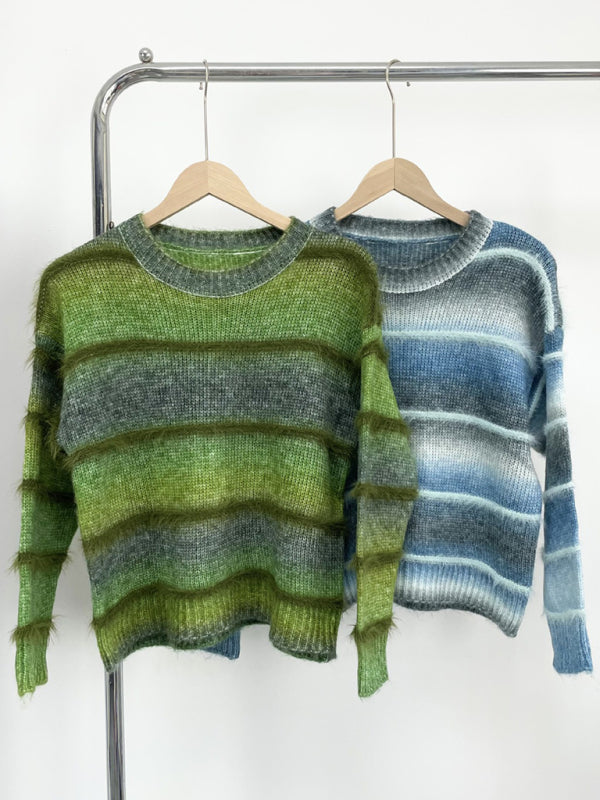 Vintage Regenbogen-Top, Farbverlauf, Kontraststreifen, Mohair-Pullover, Strickpullover 