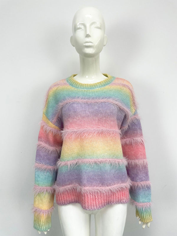 Vintage Regenbogen-Top, Farbverlauf, Kontraststreifen, Mohair-Pullover, Strickpullover 