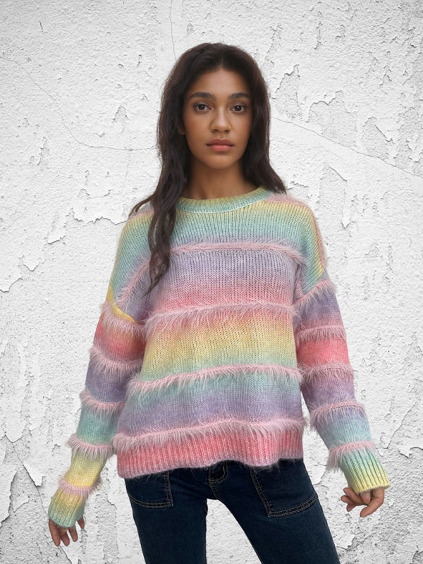 Vintage Regenbogen-Top, Farbverlauf, Kontraststreifen, Mohair-Pullover, Strickpullover 