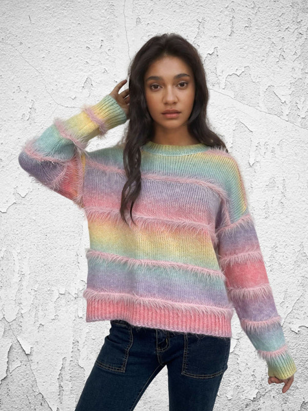 Vintage Regenbogen-Top, Farbverlauf, Kontraststreifen, Mohair-Pullover, Strickpullover 