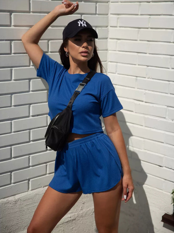 Neues lässiges Set: Zweiteiliges Loungewear-Set mit Rundhalsausschnitt, Kurzarmtop und sexy Shorts mit gekreuzten Ärmeln 