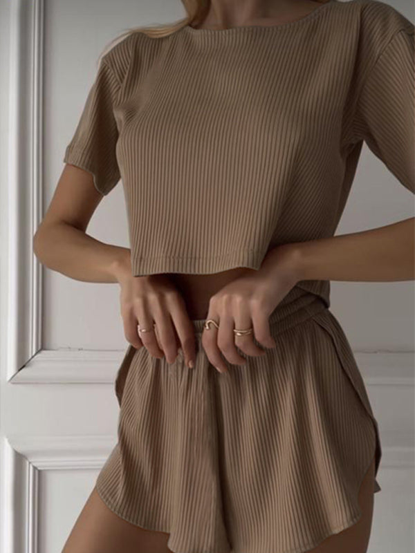 Neues lässiges Set: Zweiteiliges Loungewear-Set mit Rundhalsausschnitt, Kurzarmtop und sexy Shorts mit gekreuzten Ärmeln 