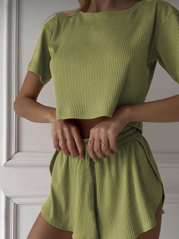 Neues lässiges Set: Zweiteiliges Loungewear-Set mit Rundhalsausschnitt, Kurzarmtop und sexy Shorts mit gekreuzten Ärmeln 