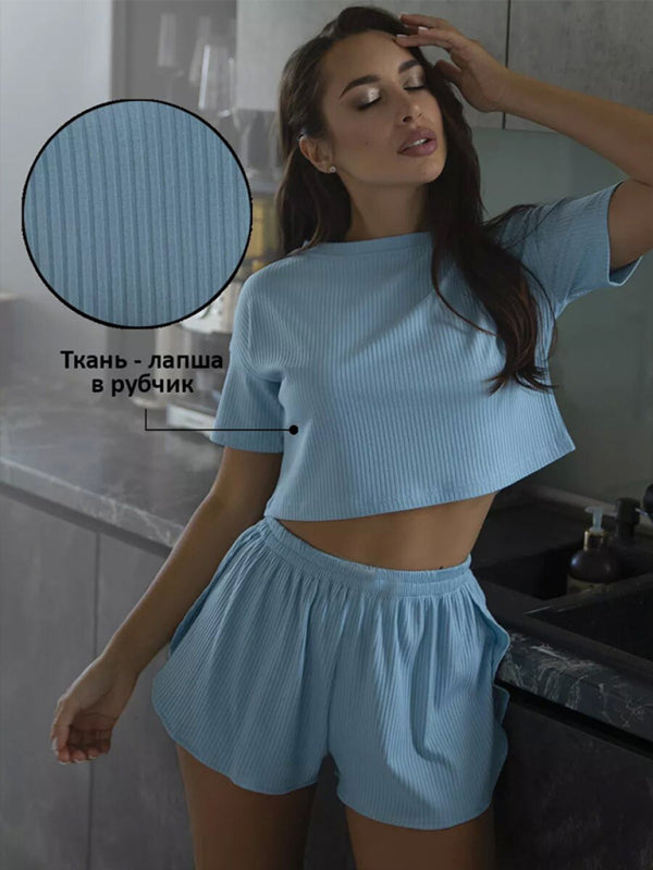 Neues lässiges Set: Zweiteiliges Loungewear-Set mit Rundhalsausschnitt, Kurzarmtop und sexy Shorts mit gekreuzten Ärmeln 