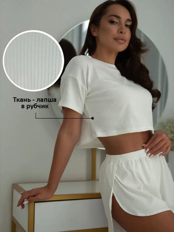 Neues lässiges Set: Zweiteiliges Loungewear-Set mit Rundhalsausschnitt, Kurzarmtop und sexy Shorts mit gekreuzten Ärmeln 
